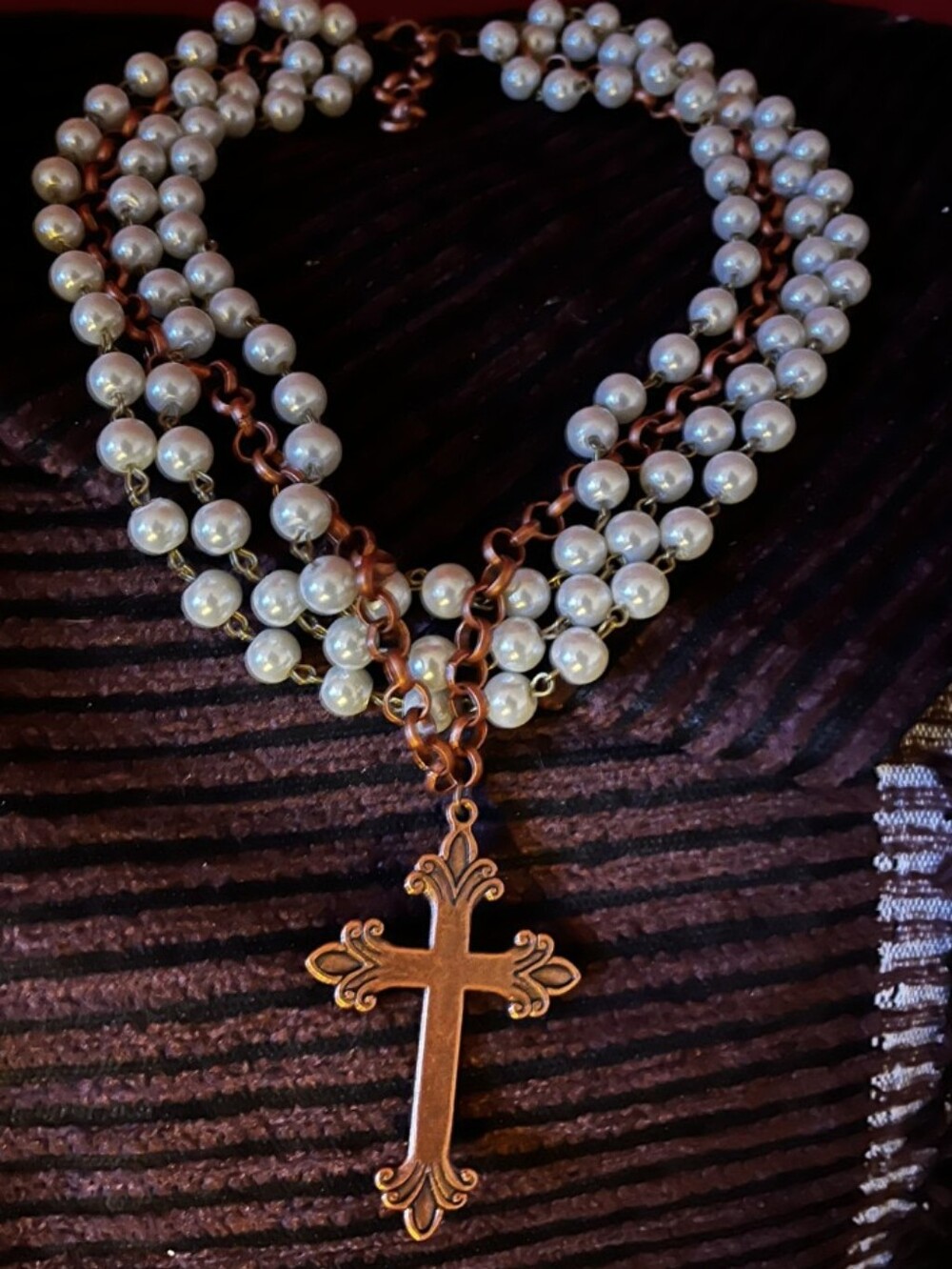 Pearl Three-Strand Cross Necklace in White and Gold